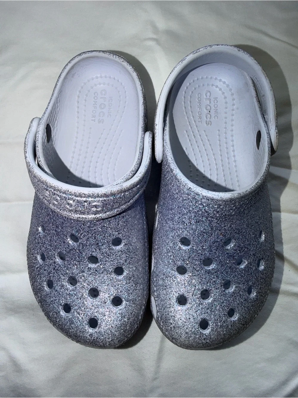 CROCS Kids Glitter Clog Sandals - White/Silver Glitter
